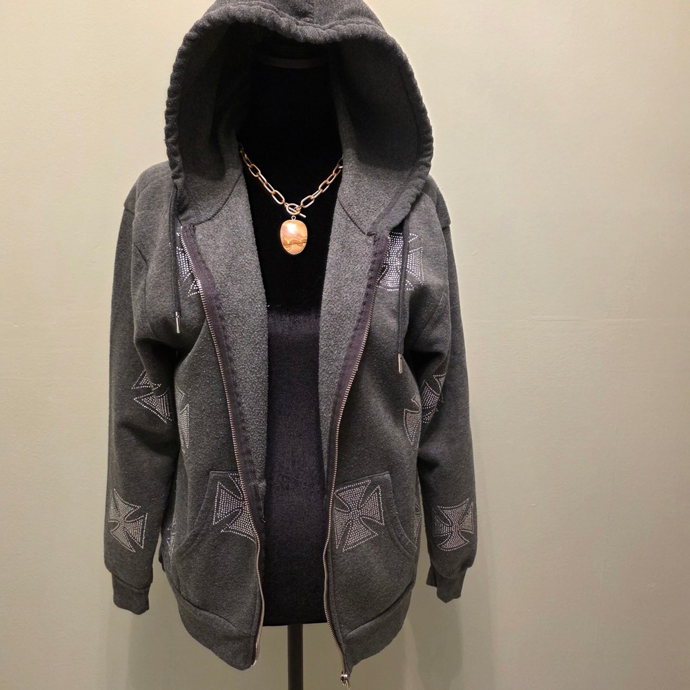 Balanced Motion Women Gray Rhinestone Iron Cross Zip Up Hoodie Y2K Goth M